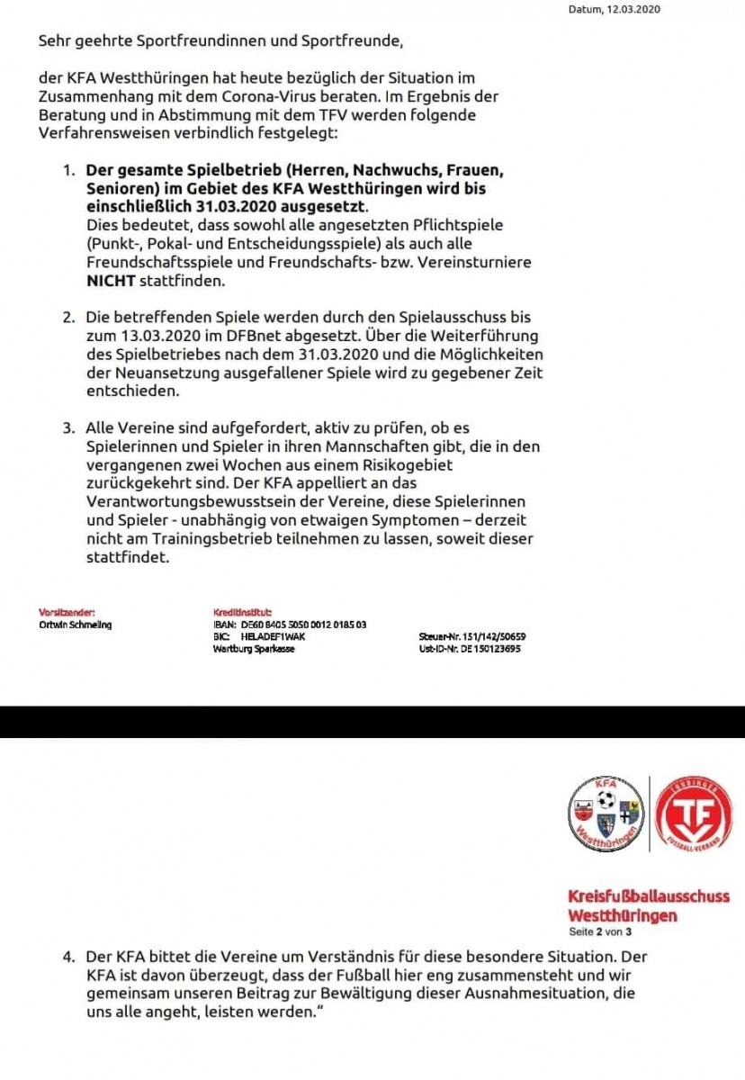 Verbandsinfo +++ Spielausfälle+++Update Trainingssitation